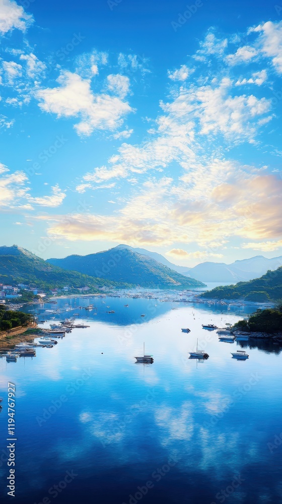 Naklejka premium Tranquil morning scene of a quiet harbor with boats serene waters landscape photography peaceful environment bright viewpoint serenity concept