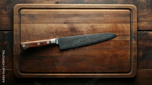 Wooden cutting board with a knife deeply inserted warm kitchen setting