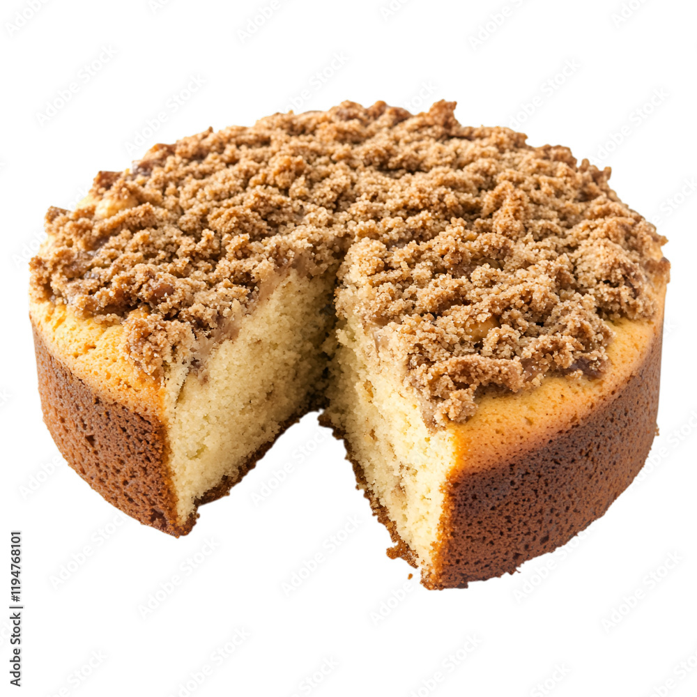 A moist coffee cake topped with a crumbly streusel, with a slice cut out, isolated on white background. A moist coffee cake topped with a crumbly streusel, with a slice cut out, isolated on white background.