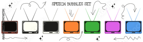 Retro Geometric Speech Bubbles collection isolated white. Set of Talk clouds in shape of vintage tv. Vector illustration for social media design. EPS 10