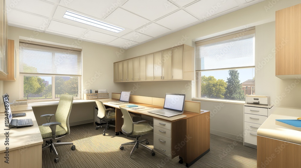High-tech workspace with advanced ergonomic design, featuring laptops, wireless peripherals, and a smart lighting system. High-tech workspace with advanced ergonomic design, featuring laptops, wireless peripherals, and a smart lighting system.