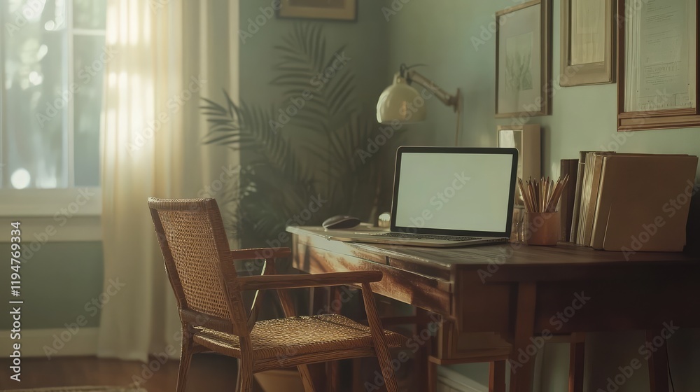 Home office desk setup featuring a laptop, wireless accessories, and natural decor elements like wooden furniture and plants. Home office desk setup featuring a laptop, wireless accessories, and natural decor elements like wooden furniture and plants.
