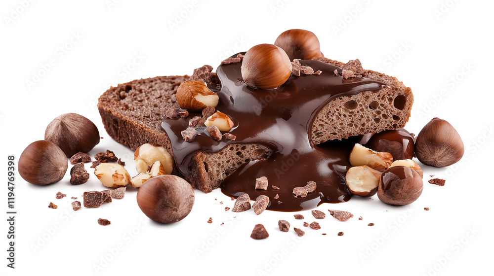 Melted chocolate with hazelnuts and bread isolated on a white background Melted chocolate with hazelnuts and bread isolated on a white background