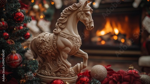 Elegant Wooden Horse with Holiday Decorations. Generative AI photo