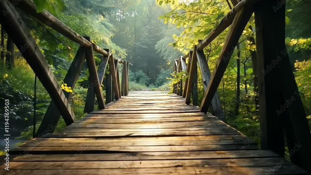 Pov walk thru the old wooden bridge in the forest