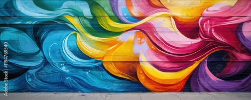 A dynamic street art mural with vibrant colors in an urban setting, 4K photo.