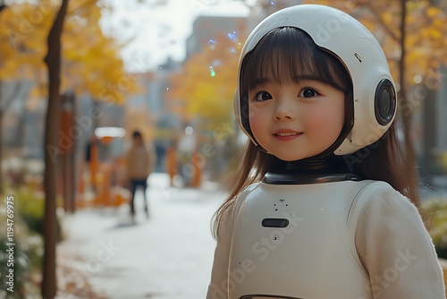 Cute girl in robot costume outdoors. photo