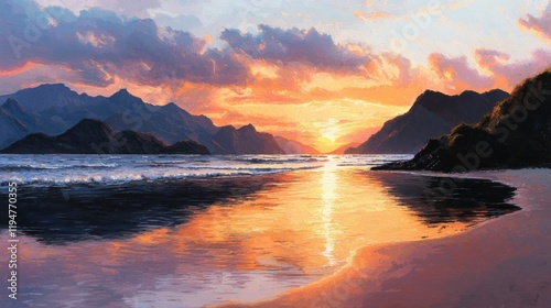 Tranquil sunset over a quiet bay coastal landscape natural beauty evening light serene atmosphere