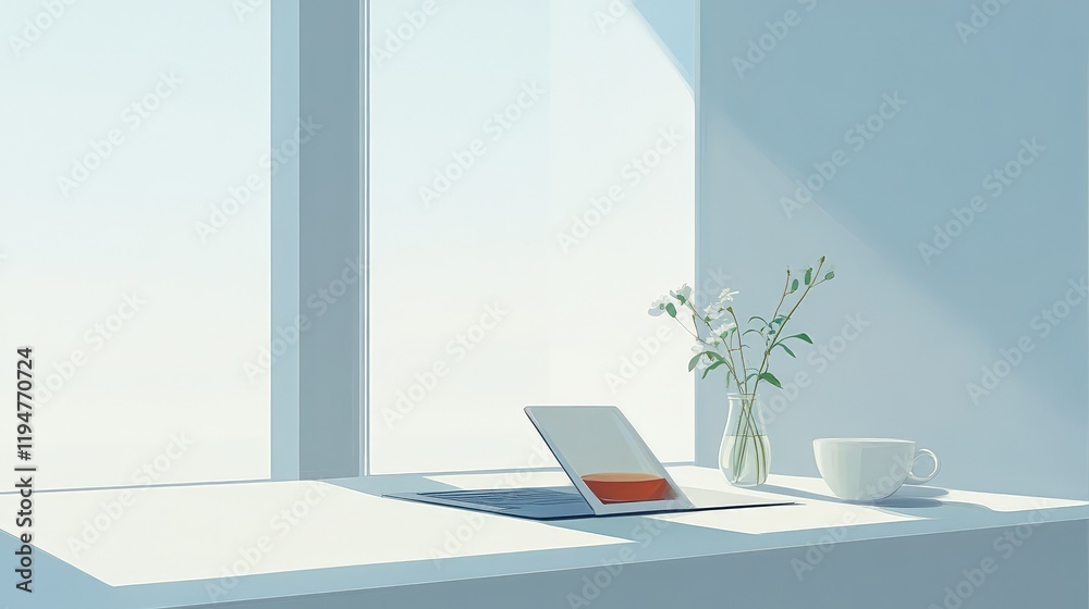 Fototapeta premium Minimalist business office setup with a laptop, a small vase of flowers, and a cup of tea on a white table.