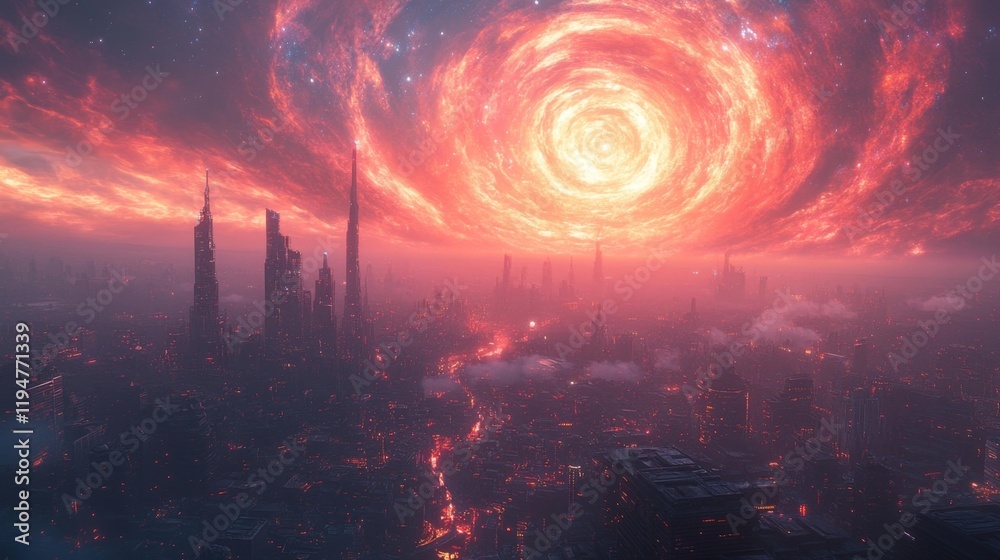 Obraz premium Futuristic Megacity Under a Cosmic Swirl. Generative AI
