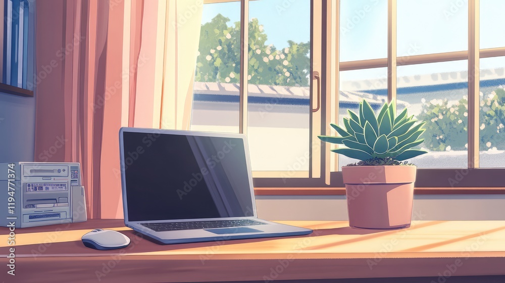 Minimalist home office desk with a laptop, wireless mouse, and a succulent plant on a bright wooden table. Minimalist home office desk with a laptop, wireless mouse, and a succulent plant on a bright wooden table.
