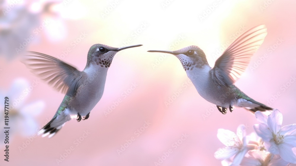 A pair of hummingbirds hovering near a flower on a soft pastel pink background A pair of hummingbirds hovering near a flower on a soft pastel pink background