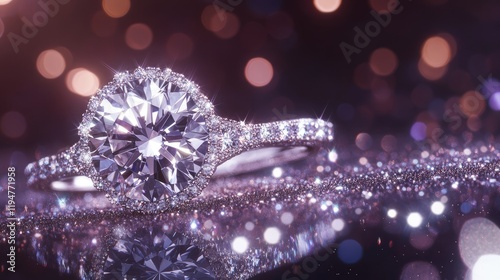 Diamond ring showcased on a gradient purple background, surrounded by glowing sparkles for a glamorous feel. photo