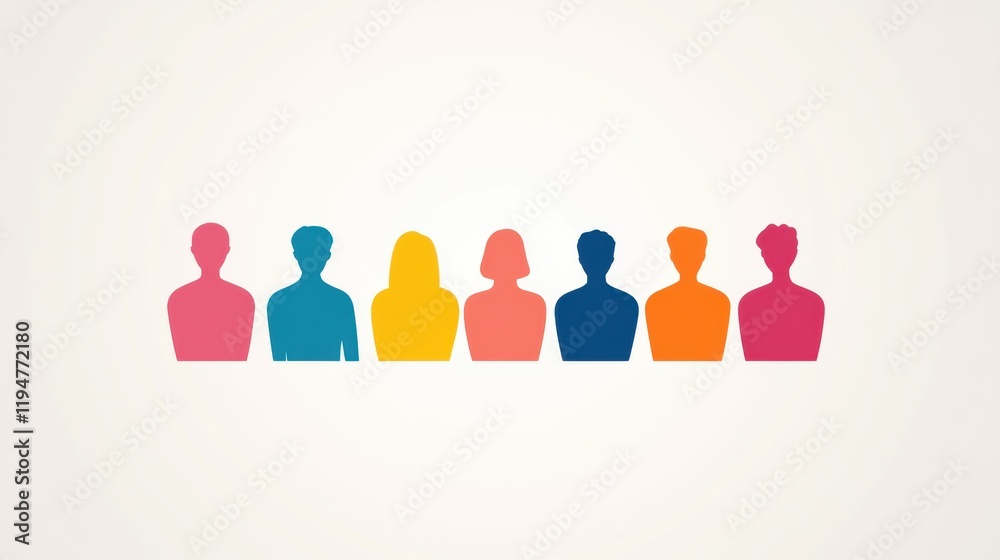 Fototapeta premium A colorful illustration showing a diverse group of seven stylized human figures standing in a row against a light background.