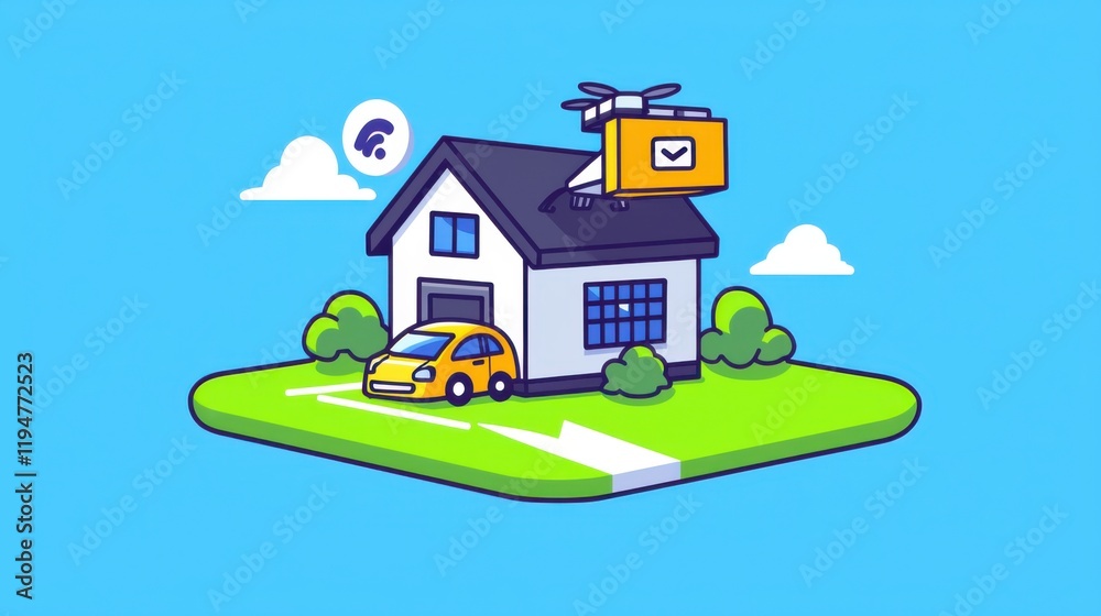 Drone delivery service for home essentials urban setting digital illustration bright environment aerial view convenience innovation Drone delivery service for home essentials urban setting digital illustration bright environment aerial view convenience innovation