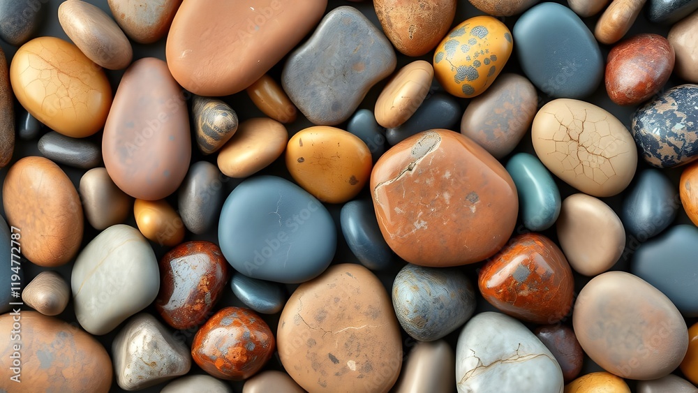 The stones feature vibrant colors like red, blue, orange, and earthy tones, arranged in a harmonious composition with contrasting matte and glossy finishes.