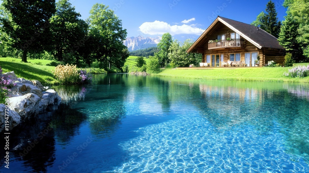 Serene lakeside view with a wooden house and lush greenery. Serene lakeside view with a wooden house and lush greenery.