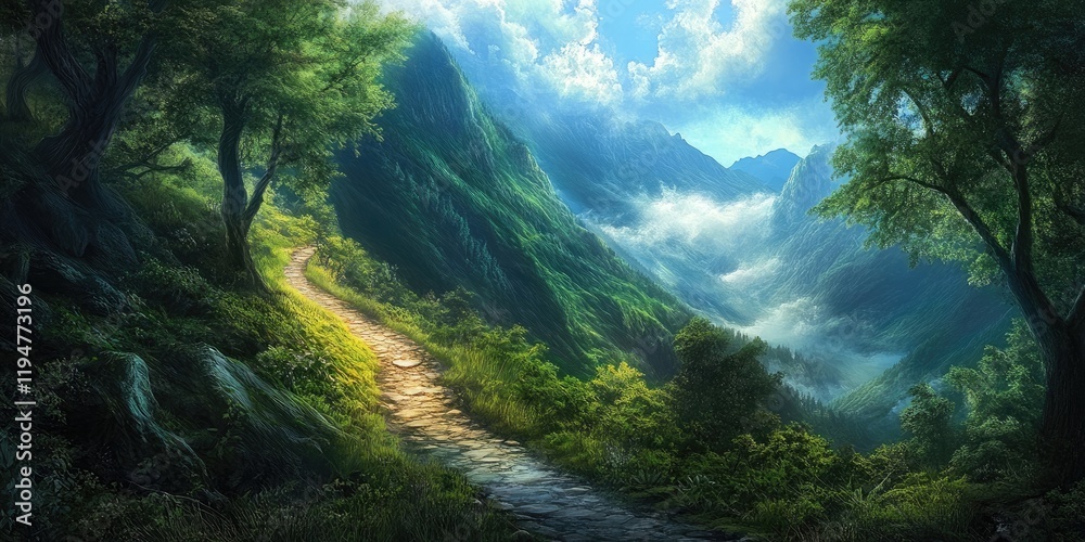 A winding pathway through lush green mountains under a bright blue sky with clouds in the background and vibrant foliage on either side. A winding pathway through lush green mountains under a bright blue sky with clouds in the background and vibrant foliage on either side.