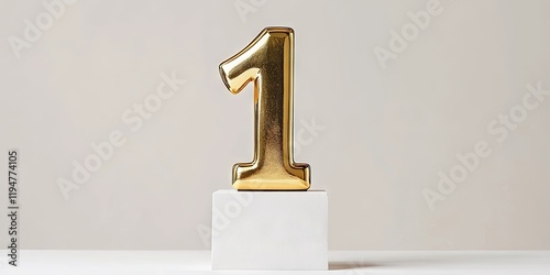 Gold trophy shaped like number one on a sleek white plinth with subtle shadows and a neutral backdrop emphasizing its prominence and elegance.