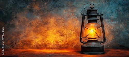 Glowing oil lamp on rustic wood, fiery background