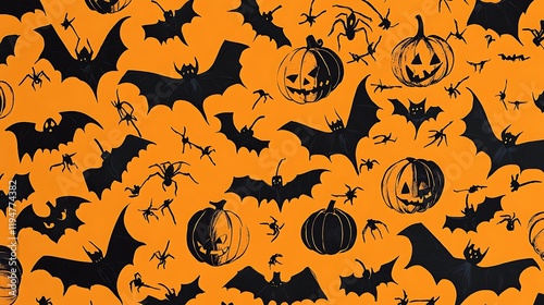 Halloween theme with black and orange colors bats pumpkins and spiders in a spooky design photo