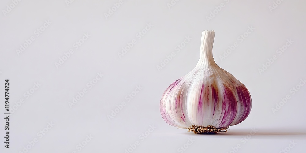 Fototapeta premium Garlic bulb with light purple skin positioned on the right side of a clean white background showcasing its texture and natural beauty.