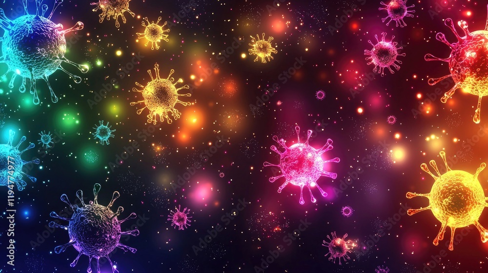 Fototapeta premium Abstract illustration of colorful viruses cosmic backdrop. Vibrant colors, artistic depiction, molecular shapes, infection, science, microbiology, healthcare concept, universe theme. Generative AI.