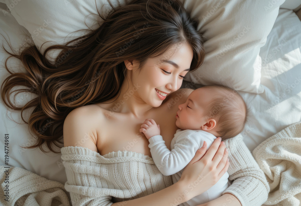 happy mom and her baby lying in bed
