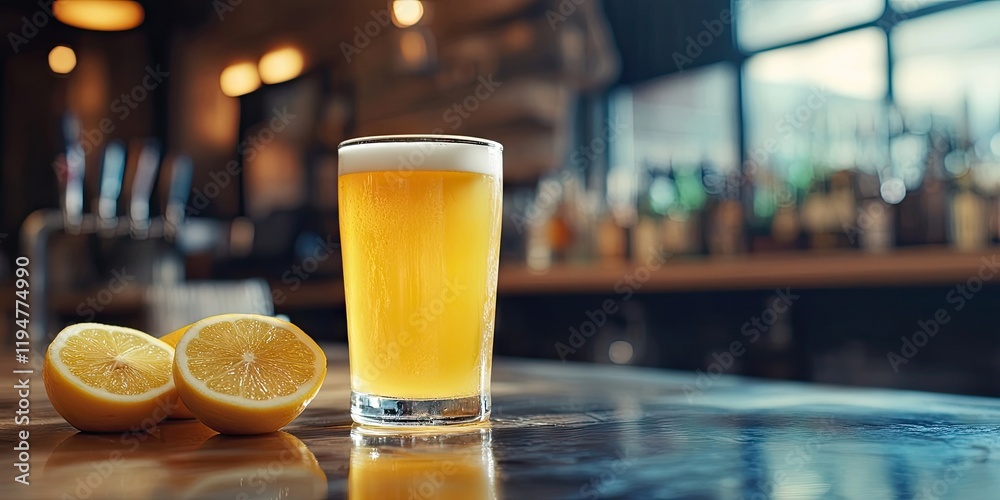 Chilled lemon beer in a tall glass on a bar counter with two lemon halves, golden yellow beer, blurred bar background, inviting atmosphere. Chilled lemon beer in a tall glass on a bar counter with two lemon halves, golden yellow beer, blurred bar background, inviting atmosphere.
