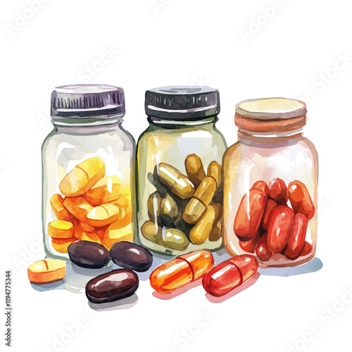 A watercolor of supplements for fitness, isolated on a white background. Supplements for fitness vector.
