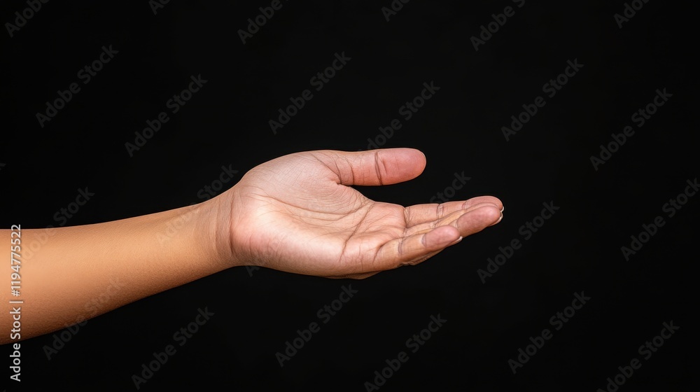 Open palm gesture on black background symbolizing readiness, invitation, or trust in diverse contexts Open palm gesture on black background symbolizing readiness, invitation, or trust in diverse contexts