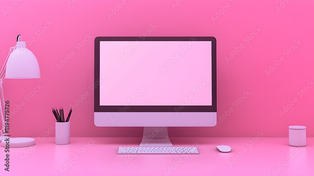 A desk setup with a computer monitor displaying a modern mockup template, with a streamlined interface and smooth gradients, ideal for professional branding and presentations. A desk setup with a computer monitor displaying a modern mockup template, with a streamlined interface and smooth gradients, ideal for professional branding and presentations.