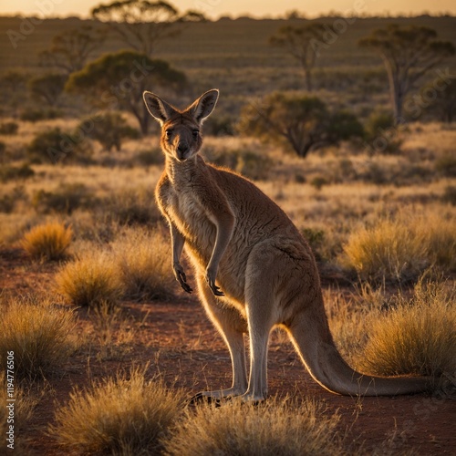 A kangaroo hopping through a sunlit field in the outback. A kangaroo with a joey hopping through a field of golden grass, surrounded by a soft white glow. Imagine a kangaroo that can hop between 

