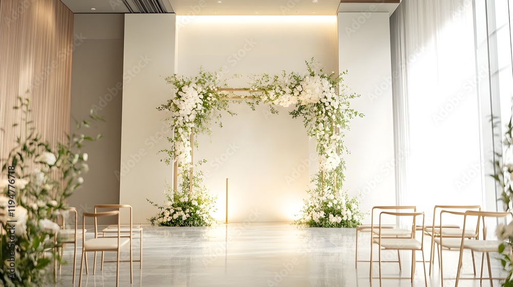 A minimalist design featuring a simple arch adorned with soft white flowers and subtle greenery, set in a clean, open space to create a serene, elegant environment for an upscale event. A minimalist design featuring a simple arch adorned with soft white flowers and subtle greenery, set in a clean, open space to create a serene, elegant environment for an upscale event.