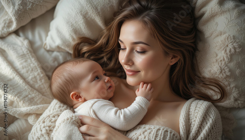 happy mom and her baby lying in bed