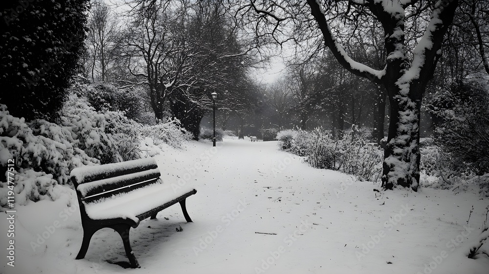 A solitary bench covered in snow, positioned under leafless trees in a tranquil park, with untouched snow creating a serene winter scene. A solitary bench covered in snow, positioned under leafless trees in a tranquil park, with untouched snow creating a serene winter scene.
