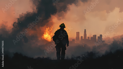Firefighter stands amid flames with city skyline in the background during a wildfire response. Generative AI