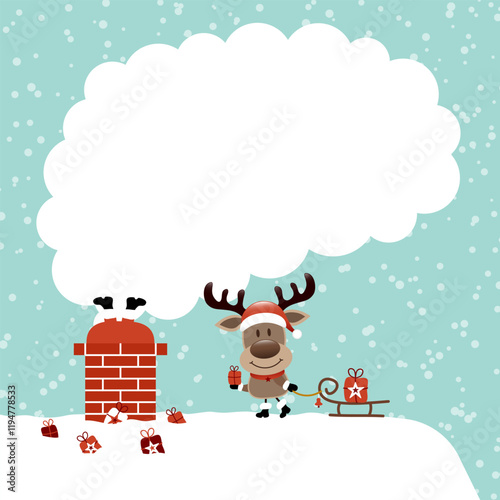 Weihnachtsmann im Schornstein Und Rentier Mit Schlitten Dach Schnee Türkis Dunkelrot