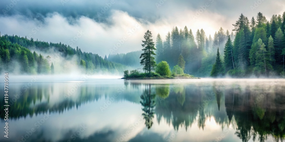 Serene Misty Morning on a Calm Lake, with Evergreen Trees Reflecting in Still Waters Serene Misty Morning on a Calm Lake, with Evergreen Trees Reflecting in Still Waters