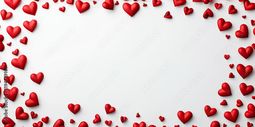 A romantic frame of glossy red hearts scattered around a clean white backdrop creating ample copy space for Valentine's Day celebrations. A romantic frame of glossy red hearts scattered around a clean white backdrop creating ample copy space for Valentine's Day celebrations.