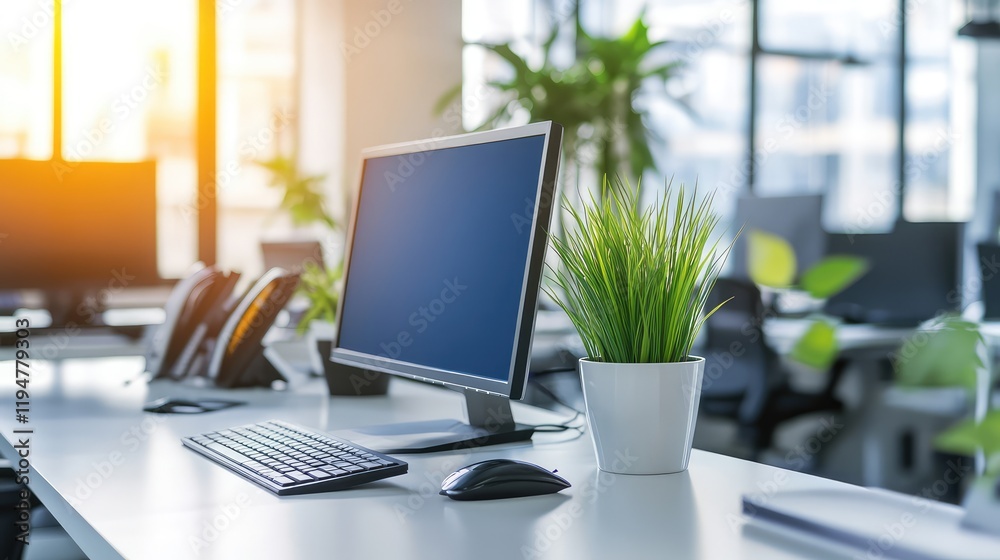 Open workspace with sleek desks, computer monitors, and greenery against a backdrop of floor-to-ceiling glass windows. Open workspace with sleek desks, computer monitors, and greenery against a backdrop of floor-to-ceiling glass windows.