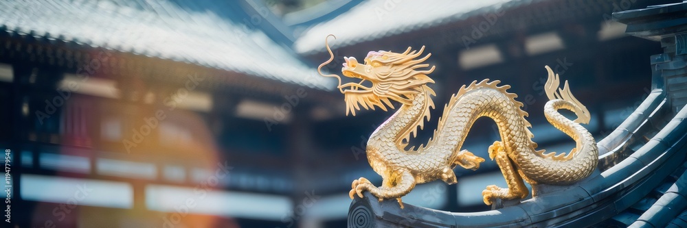 Fototapeta premium Golden dragon sculpture on traditional building with intricate carvings