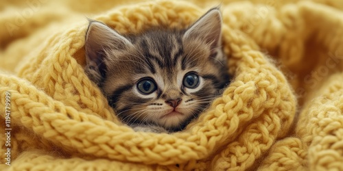 Small striped kitten with bright blue eyes nestled in a cozy yellow knitted blanket, emphasizing warmth and safety in a pet-friendly environment. photo