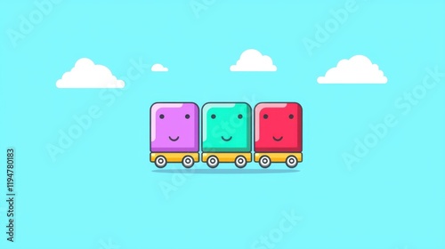 Playful train adventure with colorful characters bright blue sky animated scene fun concept