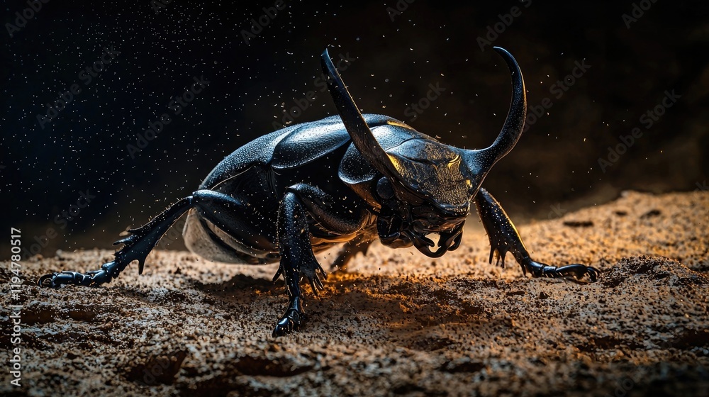 A close-up of a shiny beetle on soil, surrounded by golden light and dust particles. Highlights natural beauty, wildlife, and insect detail in its habitat. Generative AI