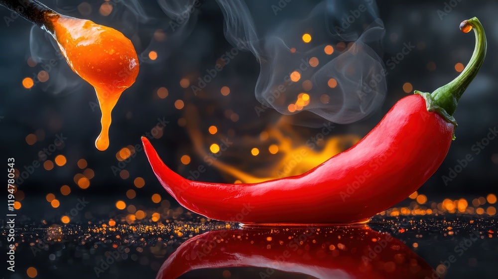 Spicy Food Challenges Concept. Vibrant Red Chili Pepper with Dripping Sauce and Spicy Smoke on Glossy Black Surface