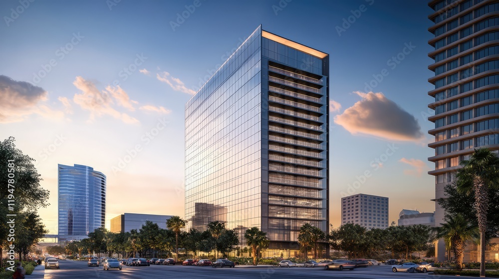 Fototapeta premium Professional office tower with minimalist design, reflective windows, and vibrant surroundings in a clean business district.