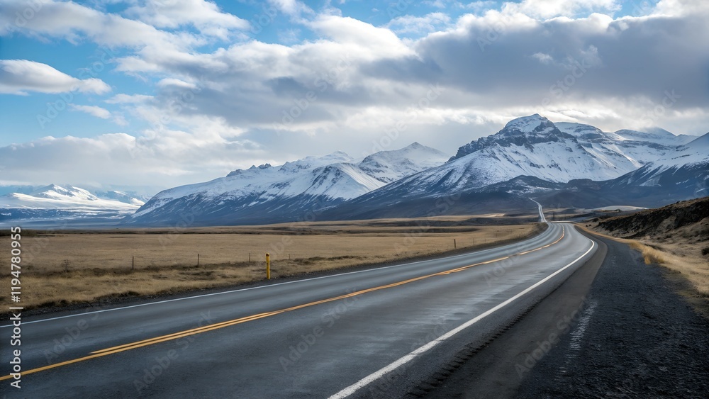empty asphalt road with snow mountains in blue cloud sky empty asphalt road with snow mountains in blue cloud sky
