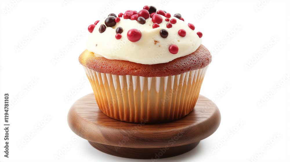 Panettone cupcake on a wooden stand on a white background Panettone cupcake on a wooden stand on a white background