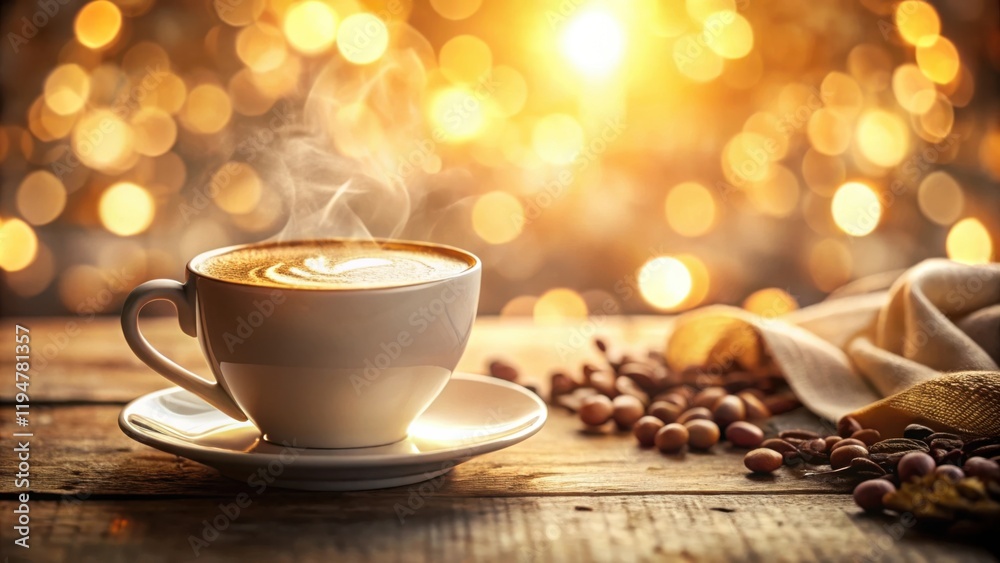 Warm Aromatic Coffee with Latte Art and Roasted Beans on Rustic Wooden Table Warm Aromatic Coffee with Latte Art and Roasted Beans on Rustic Wooden Table